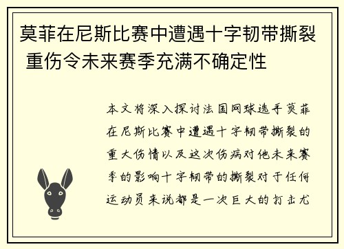 莫菲在尼斯比赛中遭遇十字韧带撕裂 重伤令未来赛季充满不确定性